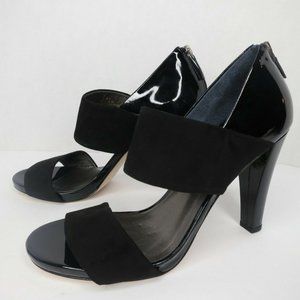 Talbots Emmie Sz 8.5B Black Suede/Patent Leather Open Toe Pumps w Zip Heels